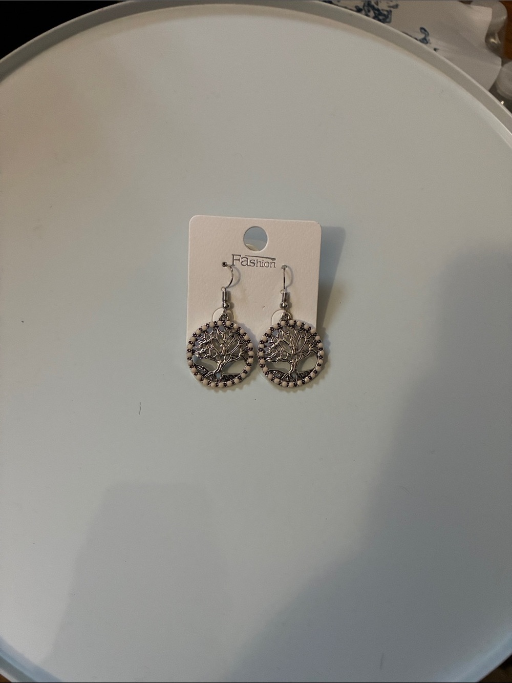 Silver Tree of Life Round Drop Earrings by